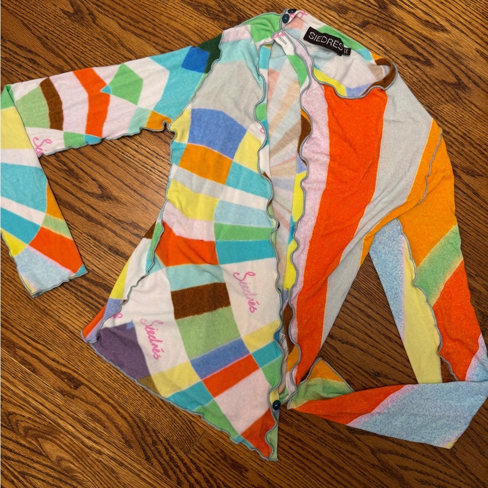 Siedres Colorful Geometric Cardigan Top with Front Slit